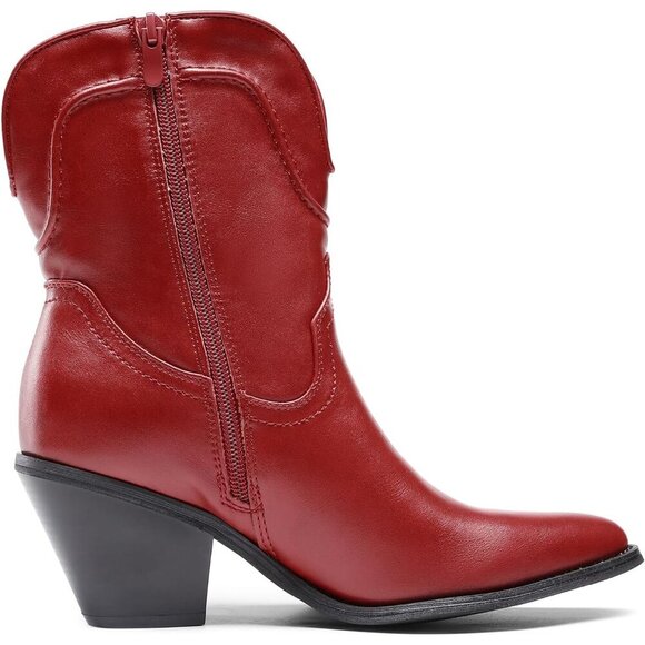 Women's Red Boots Western Fashion Mild Boots Chunky Block Heel Fall Shoes - Picture 2 of 6